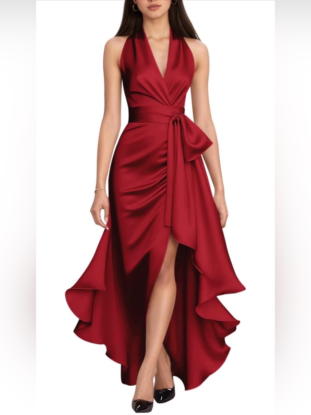 Elegant Red Halter Satin Evening Dress with Side Bow